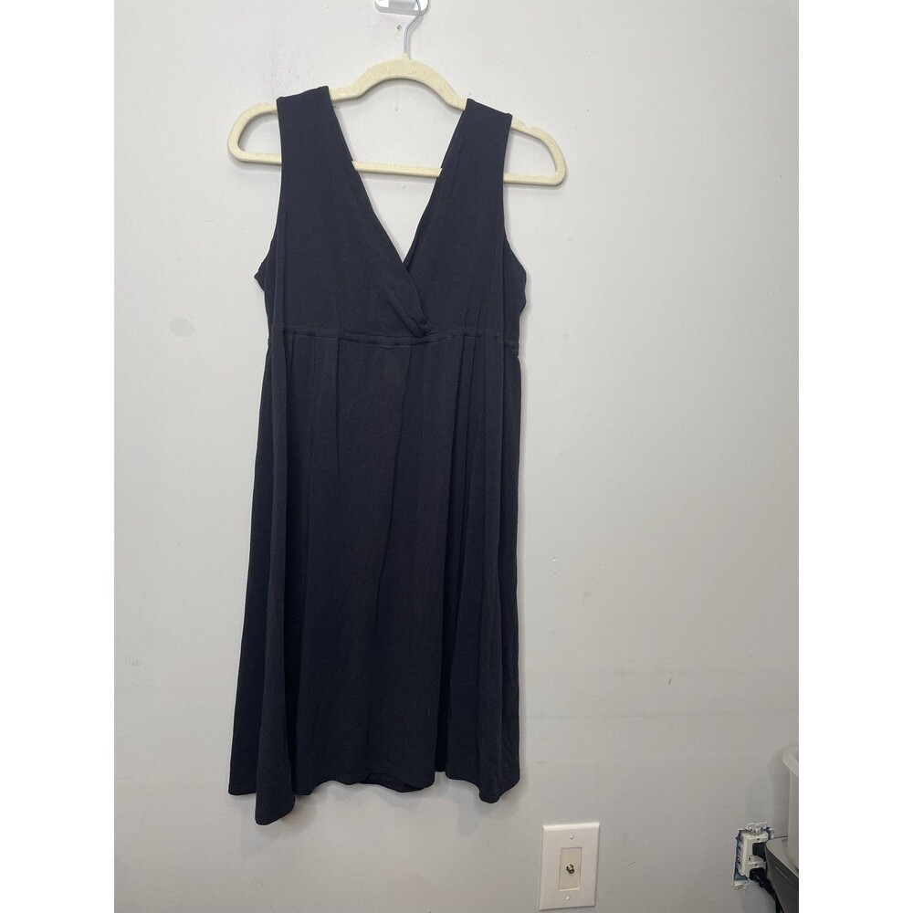 Garnet Hill Dress Women Medium Black Sleeveless Minimalist V Neck Midi Faux Wrap